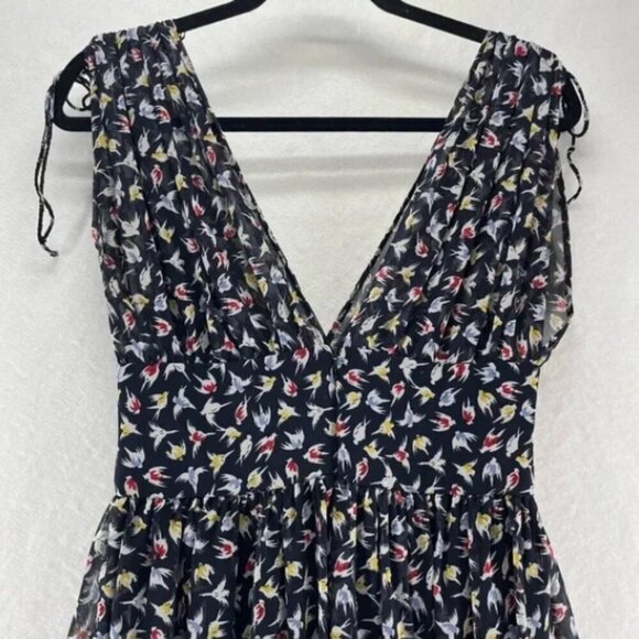 ZARA BASIC Sleeveless Ink Blue/Black Bird Print Chiffon Knee Length Dress XS - Picture 8 of 16